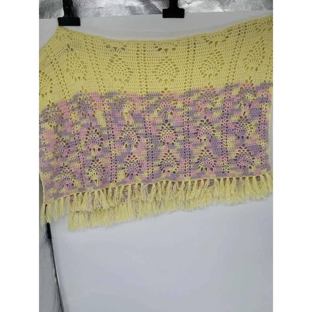 Vintage Afghan Hand Crochet Baby Girl Colors With Fringe Blanket.‎